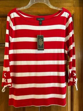 Lauren Jeans Company Red & White Striped Lace-Up Sleeve Boatneck Top